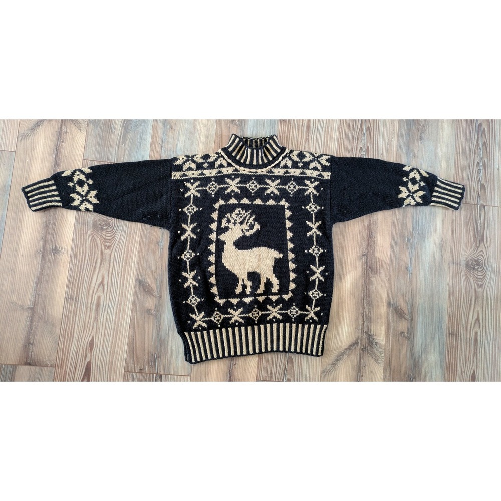 Vintage 80s 90s NILs Wool Blend Knit Fair Isle Nordic Reindeer Ski Sweater Small